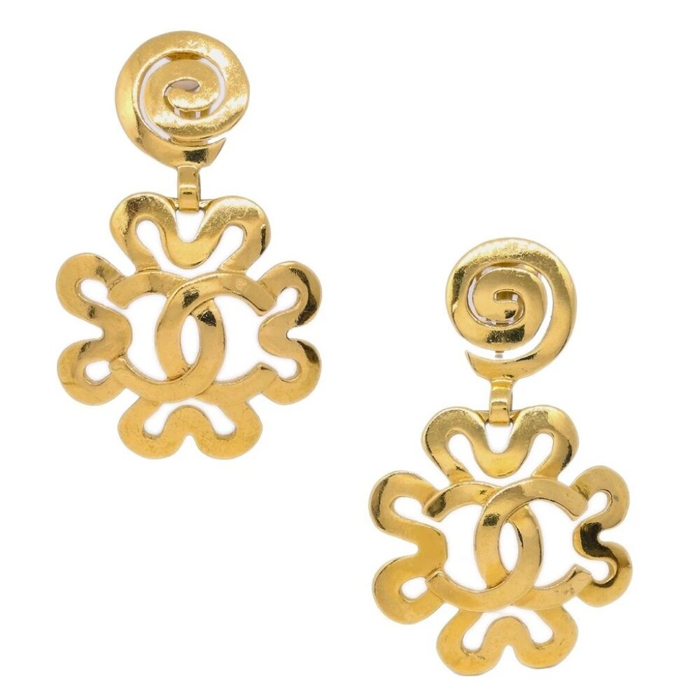 Chanel Flower Dangle Earrings Clip-On Gold 95P 152612